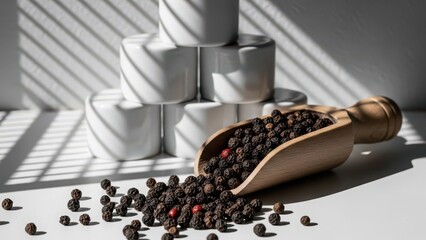 Black peppercorns spilling from a wooden scoop on a bright surface with striped shadows