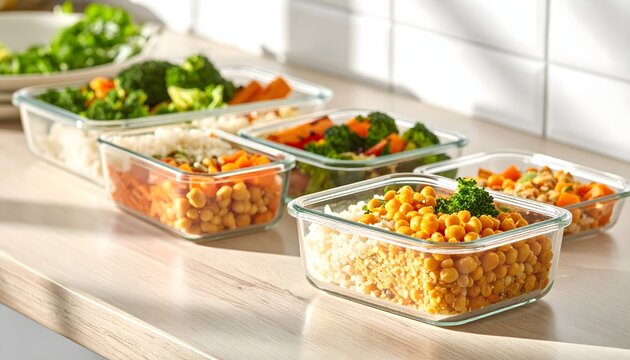 Meal prep saludable en recipientes de vidrio con platos equilibrados para planificaci&oacute;n semanal