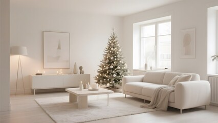 Serene and elegantly decorated modern living room bathed in soft light, showcasing a festive Christmas tree and cozy white furnishings, perfect for holiday gatherings