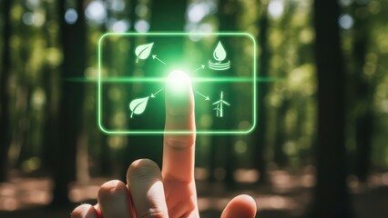 Sustainable Technology Concept: Hand Touching Glowing Green Ecology Icons in Forest for ESG and Renewable Energy.