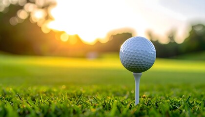 Pelota de golf sobre tee iluminada por luz dorada del atardecer en césped verde de campo de golf