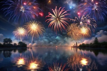 Fototapeta premium Holiday fireworks above water with reflection and neutral background