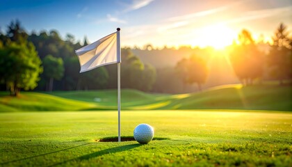 Bandera de golf con pelota en el green iluminada por la luz dorada del amanecer en campo de golf