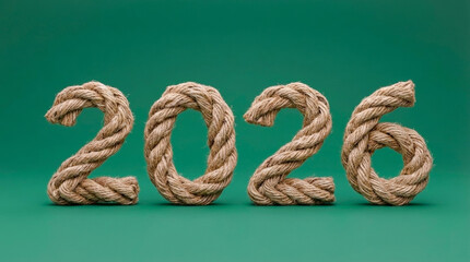 Rope numbers forming 2026 on green background, symbolizing future year concept with natural fiber texture and creative design for celebration or event