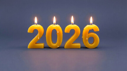 Year 2026 shaped yellow candles burning with flame on gray background, symbolizing new year celebration and future hopes with warm light and festive mood