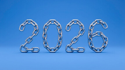 Metal chain links shaped as numbers forming 2026 on blue background, symbolizing strength and connection for year ahead with modern and industrial feel