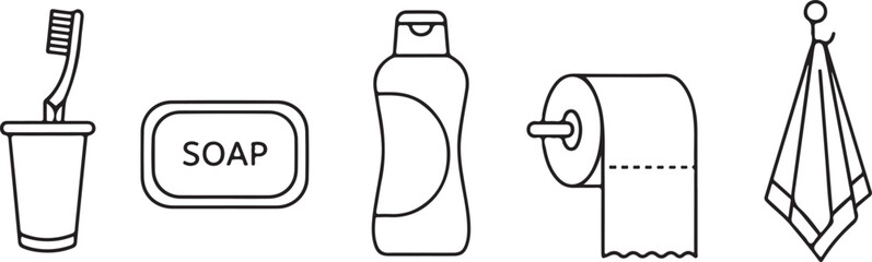 Bathroom hygiene items vector illustration icon set of essential toiletries for personal care isolated on white background.