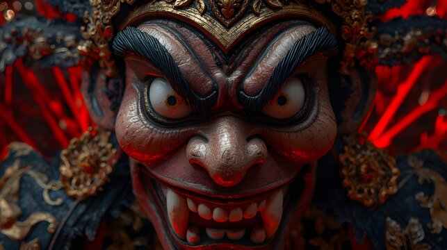 Intricate Balinese Mythological Monster Statue Face with Bulging Eyes