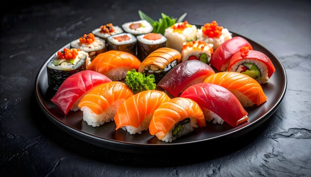 Bandeja redonda de sushi premium con nigiris de salm&oacute;n y at&uacute;n, cocina japonesa sofisticada
