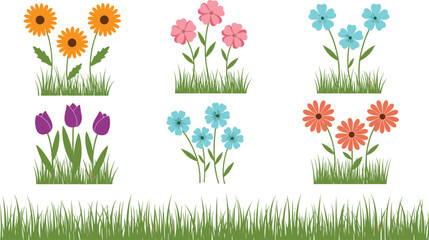 Collection of colorful spring flower borders, green grass meadow elements with tulips and daisies, summer garden floral set on white background