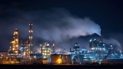 Fototapeta premium Industrial refinery at night with illuminated structures and smoke emissions.