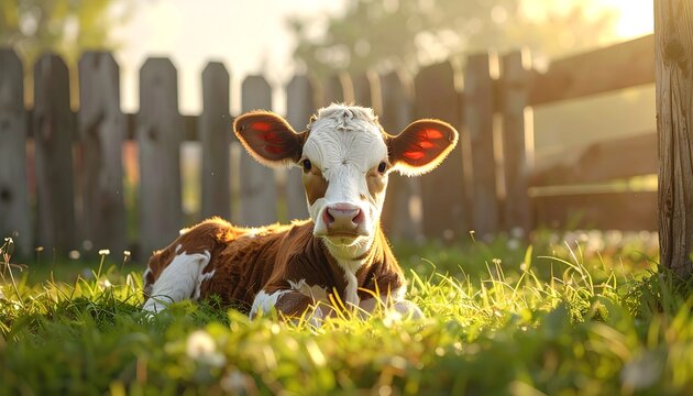 Ternero descansando en la hierba con luz dorada al amanecer y valla de granja al fondo, escena rural serena