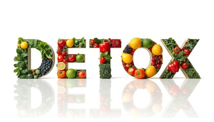 A creative and colorful representation of the word DETOX made from various fruits and vegetables on a white background