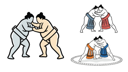 Fototapeta premium Vector illustrations of sumo wrestlers grappling in traditional mawashi, showcasing the ancient Japanese sport.