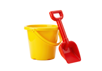 ultra-detailed photorealistic still life of glossy primary yellow plastic toy bucket and red shovel on a transparent backdrop, bright high-key lighting, concept of summer childhood joy
