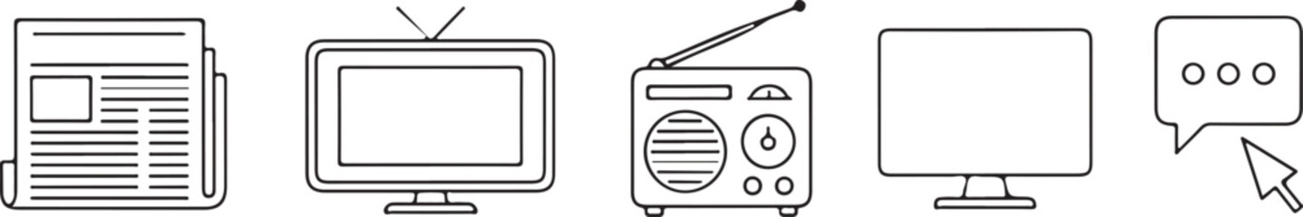 Five media and communication icons vector illustration newspaper TV radio monitor chat isolated on white background