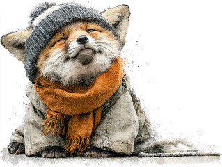 a fox wearing a turquoise knitted hat and a yellow scarf, with a white background.