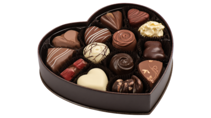 Assorted gourmet chocolate candy in heart shaped box valentine's day background