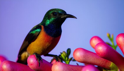 A vibrant close-up of a colorful sunbird perched on bright pink tropical flowers, iridescent green and blue head, orange-yellow chest, curved beak, soft blue background, natural light, shallow depth