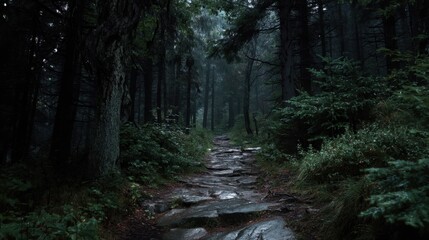 Misty forest pathway through dense woodland in a tranquil natural setting.