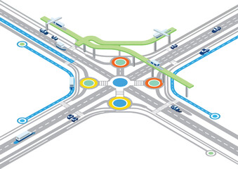 Isometric illustration of a complex multimodal transportation interchange