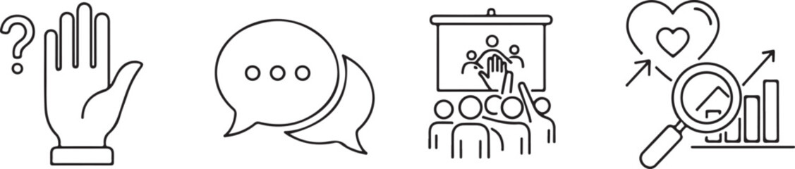 Four line vector illustration icons depicting communication business and support concepts isolated on white background