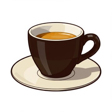 Pixel Art Image of a Black Coffee Cup on a Cream Saucer With White Background