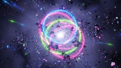 Vibrant cosmic energy explosion with colorful neon rings and star particulates in deep space scene