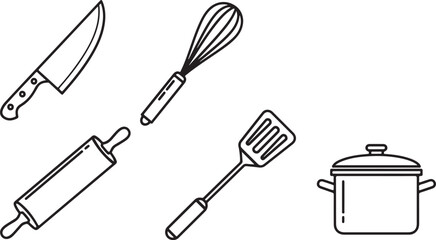 Kitchen utensils set icon vector illustration including spatula whisk knife and rolling pin isolated on white background