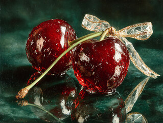 two ornamental cherries made of glass, adorned with a golden ribbon bow. They are placed on a reflective surface with a dark, textured background.