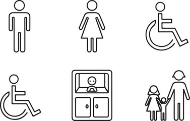 Restroom accessibility icon illustration vector showing male female disabled and family symbols isolated on white background.