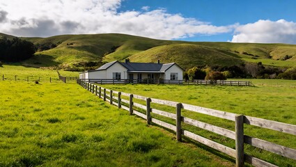 ニュージーランド田園地帯の緑の丘に囲まれた農家