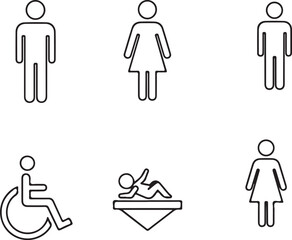 Set of six gender and accessibility restroom symbols vector illustration icon collection isolated on white background