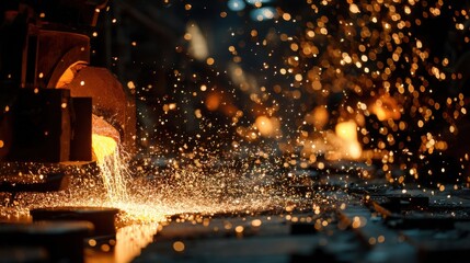 Molten metal pouring in industrial foundry with sparks flying.