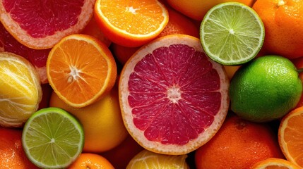 Assorted citrus fruits sliced open displaying vibrant colors.