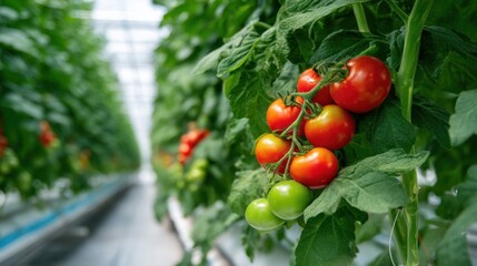 Ripe and unripe tomatoes on vine in greenhouse with lush green foliage.