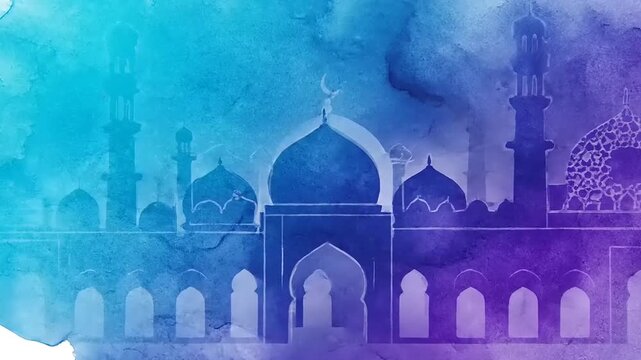 A majestic mosque with emerald domes and minarets stands shrouded in mystical smoke and vibrant purple hues