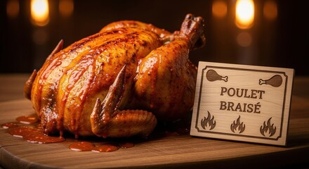 Traditional Ivorian Poulet Braise Grilled Chicken with Piri-Piri Drip featuring Hand-Carved Shea Wood Sign and Flame Motifs