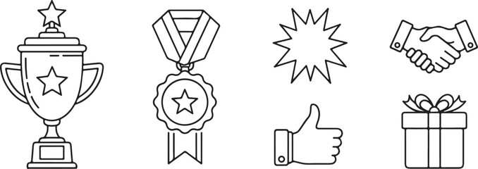 Six line icons representing success reward and agreement, a vector illustration isolated on white background