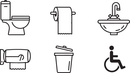 Six public restroom outline vector icons illustration set toilet sink and accessible sign isolated on white background
