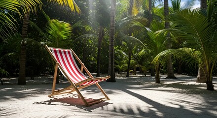 A lone striped deck chair awaits on a sun-drenched sandy beach, nestled amidst lush green palm