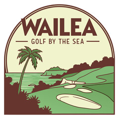 Wailea Hawaii golf course landscape vector illustration with sea view