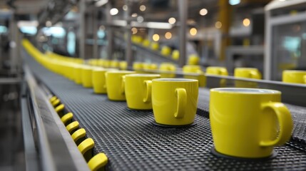 Row of yellow mugs on industrial conveyor belt in modern factory setting.