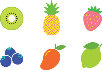 Flat fruit icon illustration set, colorful healthy fruits kiwi pineapple strawberry blueberry mango lemon isolated on white background