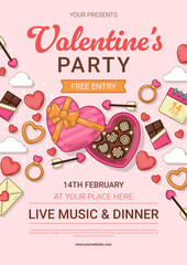 Valentine&rsquo;s Party Invitation with Chocolate Box and Valentine Elements