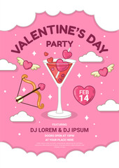 Valentine Night Celebration Poster with Cocktail and Cupid&rsquo;s Arrow