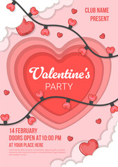 Creative Paper Cut Style Valentine Party Poster with Heart Lights and clouds