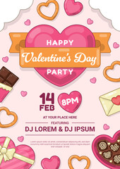 Happy Valentine&rsquo;s Day Poster with Ribbon Banner, Sweet Treats, Gift Box and Heart Icons