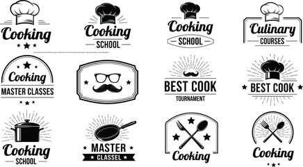 Cooking logo vector set with chef hats, utensils, pots and typography, culinary master classes and kitchen branding designs