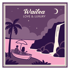 Romantic boat ride in Wailea Hawaii vintage night scene illustration
